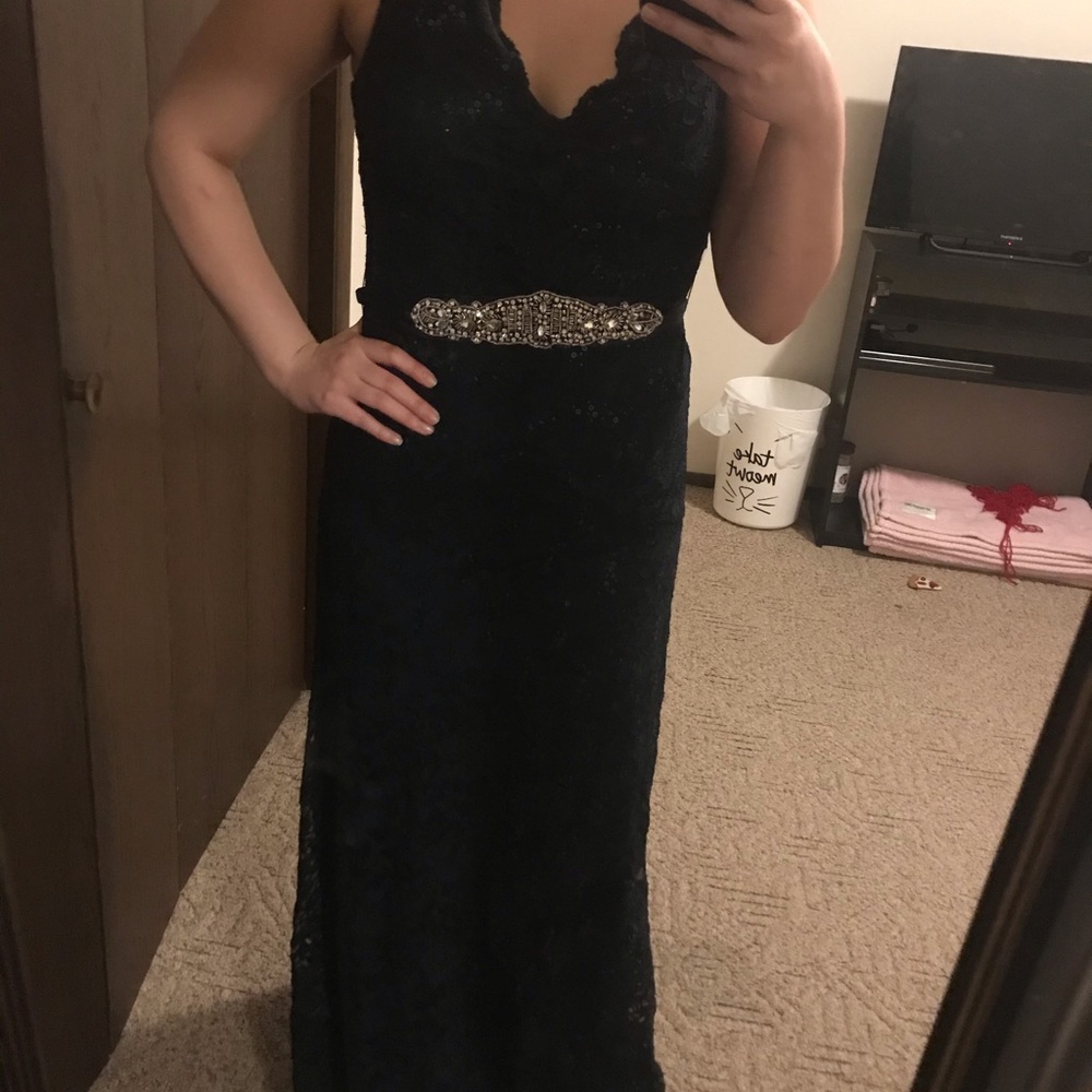 Navy Blue Lace Formal Dress With Keyhole Back